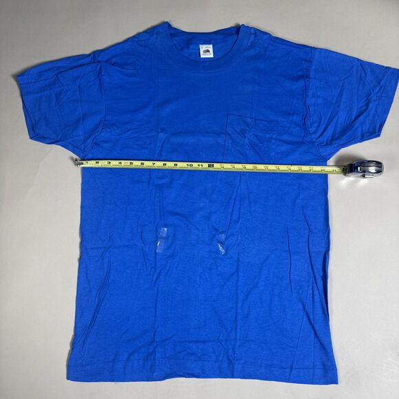 NOS Vintage 80s Fruit of the Loom Pocket T-Shirt Blue Made in USA Deadstock - Picture 7 of 10